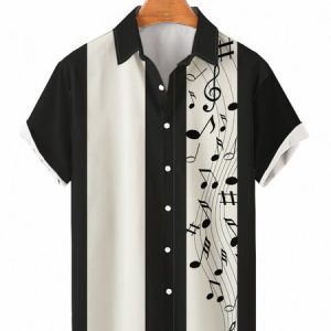 Mens Retro Music Print Casual Lapel Short Sleeve Hawaiian shirt, Men-Shirts, color:Black|size:4XL, Noracora