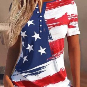 Casual Loose Crew Neck America Flag Shirt, Shirts & Blouses, color:Red-Blue|size:XXL, JustFashionNow