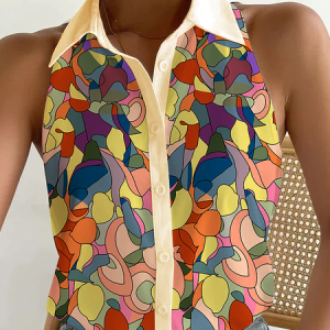 Urban Loose Shirt Collar Sleeveless Abstract Blouse, Blouses and Shirts, color:As Picture|size:XXL, Stylewe