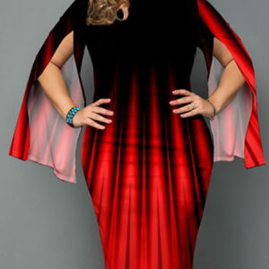 Crew Neck Casual Regular Fit Ombre Dress, DRESSES, color:Red|size:4X, Noracora