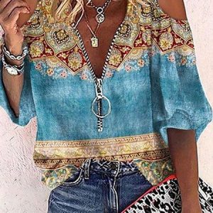 Ethnic Loose Casual Blouse, Shirts, color:Blue|size:XXL, catalog Noracora shop