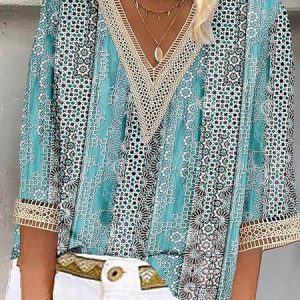 Color Block V Neck Lace Cotton Casual Shirt, Shirts & Blouses, color:Blue|size:XXL, JustFashionNow