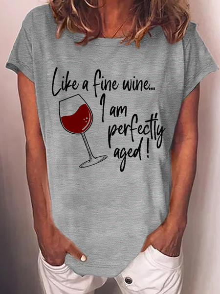 Women's Funny Word Like a Fine Wine I'm Perfectly Aged Cotton-Blend Casual Loose T-Shirt, color:Gray|size:3XL, Lilicloth.com