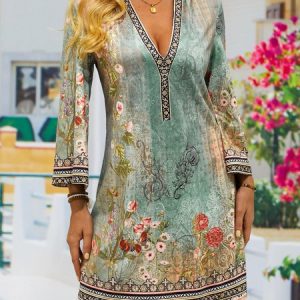 Floral Boho V Neck Loose Dress, Dresses, color:Purple|size:XXL, JustFashionNow