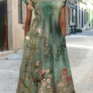Crew Neck Loose Floral Casual Dress, Dresses, color:Green|size:XXL, JustFashionNow