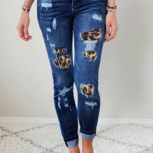 Denim Leopard Casual Regular Fit Jeans, Denim&Jeans, color:Deep Blue|size:XXL, Noracora