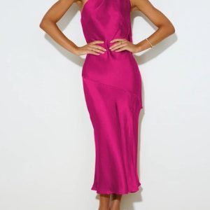 Women Plain Halter Long Sleeve Comfy Party Maxi Dress, Dresses, color:Rose Red|size:XL, Noracora