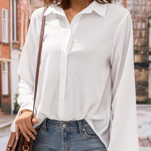 Solid Color Long Sleeve Casual Shirt, Shirts & Blouses, color:LightBlue|size:XXL, JustFashionNow