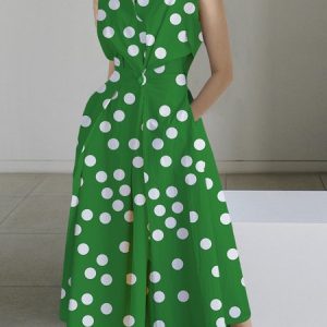 Polka Dots Urban Regular Fit Shirt Collar Dress, Midi Dresses, color:Green|size:XXL, Stylewe