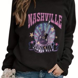 Women's Casual Guitar Letter Oversized Crewneck Sweatshirt Everyday Clothing, Sweatshirts & Hoodies, color:Black|size:3XL, JustFashionNow