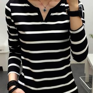 Striped Knitted Casual Notched T-Shirt, T-Shirts, color:Black|size:3XL, JustFashionNow