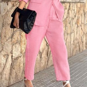 Linen Urban Regular Fit Plain Fashion Pants, Pants, color:Pink|size:XXL, Stylewe
