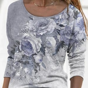 JFN Crew Neck Casual Floral Autumn Loose Long sleeve Top, T-Shirts, color:Multicolor|size:XXL, JustFashionNow