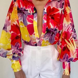 Long sleeve Regular Fit Shirt Collar Elegant Blouse, Blouses and Shirts, color:Red|size:XXL, Stylewe