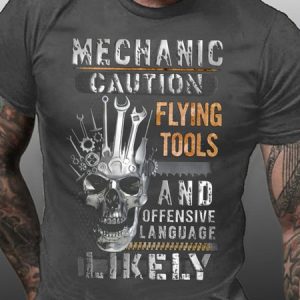 Men's Halloween Skull Mechanic Caution Flying Tools And Offensive Language Likely Crew Neck Casual T-shirt, color:Deep Gray|size:3XL, Lilicloth.com