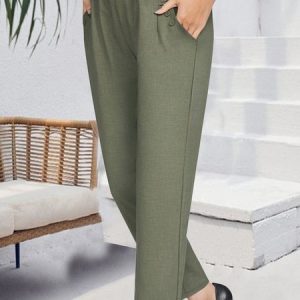 Elastic waist pocket button loose pants, Pants, color:Green|size:XXL, JustFashionNow