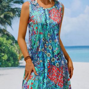Crew Neck Casual Floral Loose Dress, Dresses, color:Green|size:XXL, JustFashionNow