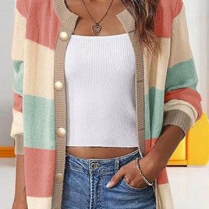 Loose Color Block Buttoned Casual Cardigan, Sweaters, color:Red|size:XXL, JustFashionNow