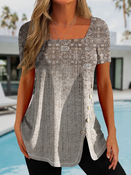 Square Neck Buckle Ethnic T-Shirt, T-Shirts, color:Apricot|size:XXL, JustFashionNow