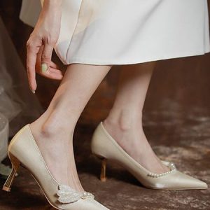 Pearl Feather Decoration Elegant Ornate Dress High Heels, Heels, color:Champagne|size:40, Stylewe