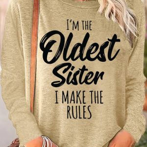 Women's Funny Sister Gift Old Sister Casual Long Sleeve Top, color:Apricot|size:3XL, Lilicloth.com