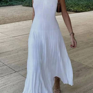 Women Plain Autumn Elegant Knitted Natural Daily Long Crew Neck A-Line Sweater Dresses, Maxi Dresses, color:White|size:XS, Stylewe