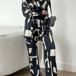 Women Abstract Graphic Shawl Collar Long Sleeve Comfy Casual Top With Pants Two-Piece Set, Sets, color:Black|size:XXL, Noracora