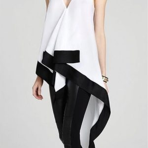 Casual V Neck Loose Color Block Shirt, Blouses and Shirts, color:Black-white|size:XXL, Stylewe