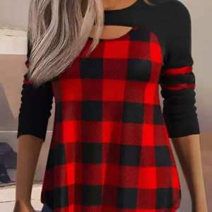 Crew Neck Casual Plaid T-Shirt, T-Shirts, color:Red|size:XXL, JustFashionNow