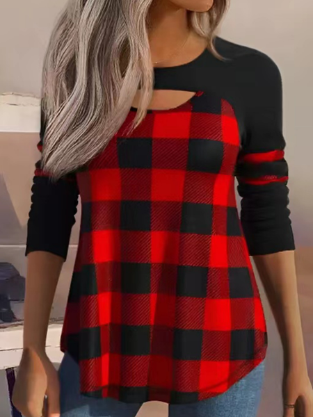 Crew Neck Casual Plaid T-Shirt, T-Shirts, color:Red|size:XXL, JustFashionNow