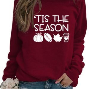 Women's Everyday Casual Tis The Season Slogan Loose Crew Sweatshirt, Sweatshirts & Hoodies, color:Wine Red|size:3XL, JustFashionNow