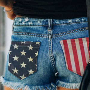 Women's America Flag Hole Patch Denim Shorts, color:Blue|size:XXL, Lilicloth.com