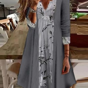 Casual Floral Regular Fit V Neck Two-Piece Set, Casual Dresses, color:Gray|size:XXL, JustFashionNow