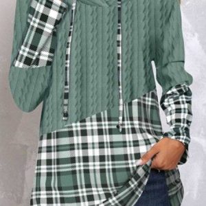 Loose Plaid Casual Hoodie, Sweatshirts & Hoodies, color:Green|size:XXL, JustFashionNow