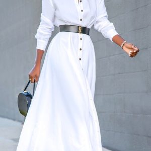 Urban Shirt Collar Loose Dress With No Belt, Maxi Dresses, color:White|size:XXL, Stylewe