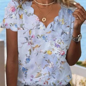 Country Floral Casual Shell Neck Knit T-Shirt, T-shirts, color:lavender|size:XXL, Noracora