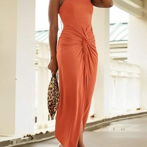 Plus Size Urban Crew Neck Plain Ruched Regular Fit Dress, Knit Dress, color:Orange|size:4X, Stylewe