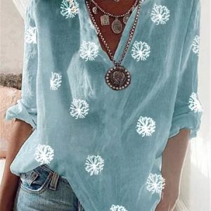 Vintage V Neck Dandelion Printed Casual Tunic Top, Blouses, color:Blue|size:XXL, Noracora