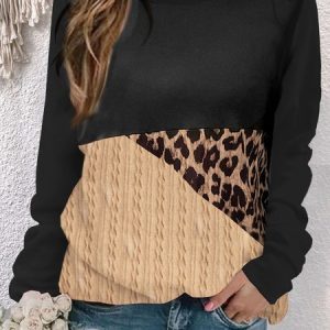 Loose Color Block Leopard Printed Casual Jacquard Sweatshirt, Hoodies & Sweatshirts, color:Black|size:XXL, Noracora