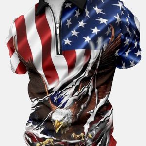 MenвЂ™s Eagle Patriotic Flag Pattern Polo Collar Casual Polo Shirt, T-shirts, Lilicloth.com
