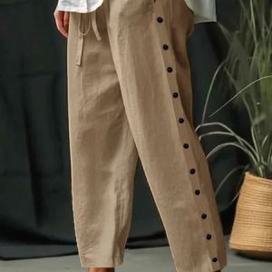 Casual Plain Natural Long Buttoned Straight Pants, Pants, color:Khaki|size:XXL, Noracora