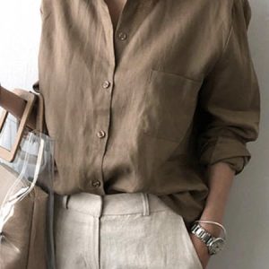 Loose Plain Shirt Collar Casual Blouse, Shirts & Blouses, color:Coffee|size:XXL, JustFashionNow