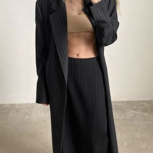 Urban Striped Loose Lapel Collar Blazer, Blazers, color:Black|size:XXL, Stylewe