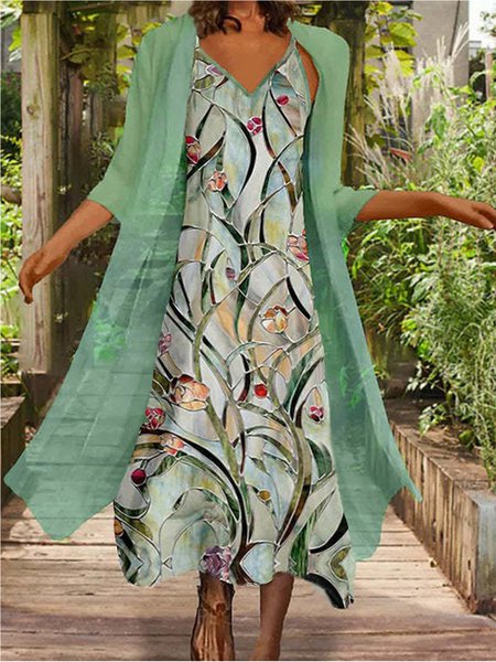 Casual Floral V neck Loosen Two-Piece Set, Dresses, color:Green|size:XXL, JustFashionNow