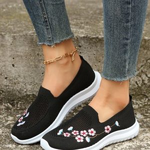 Breathable Floral Embroidery Slip On Flyknit Sneakers, Sneakers, color:Black|size:43, JustFashionNow