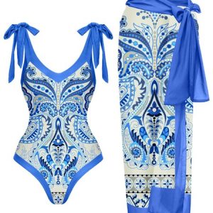 Vacation Ethnic Printing V Neck One Piece With Cover Up, Coverups, color:Blue|size:XXL, Stylewe