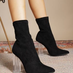 Elegant Crystal Chunky Heel Sock Boots, Boots, color:Black|size:42, Stylewe