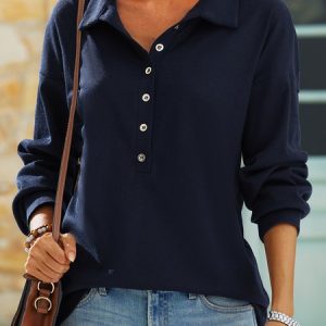 Navy Button Front Long Sleeve Henley Top, T-Shirts, color:White|size:XXL, JustFashionNow