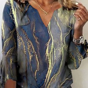Notched Abstract Printed Casual Shirt, Shirts & Blouses, color:Blue|size:XXL, JustFashionNow