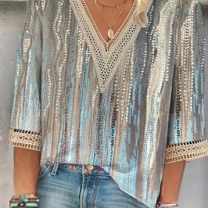 Plus size V Neck Lace Vacation Loose Shirt, Shirts & Blouses, color:Blue|size:4X, JustFashionNow